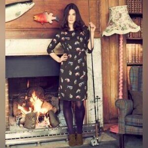 Boden Easy Scoop Tunic Dress Black Feather Print Fall Sz 6 L